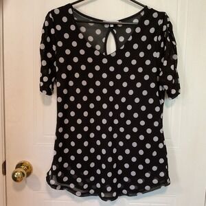 San Francisco Polka Dot Top Womens Large Black Excellent Mesh Keyhole Blouse
